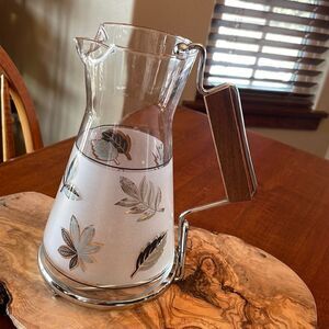 Libbey Glass Teak Wood Silver Leaf Frosted Glass Pitcher / Carafe Frosted